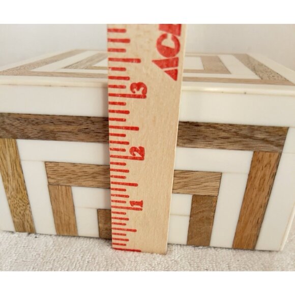 NEW Inlaid Acrylic & Wood Square Box 6" x 6" x 3"H White Natural Stripe - Picture 9 of 9
